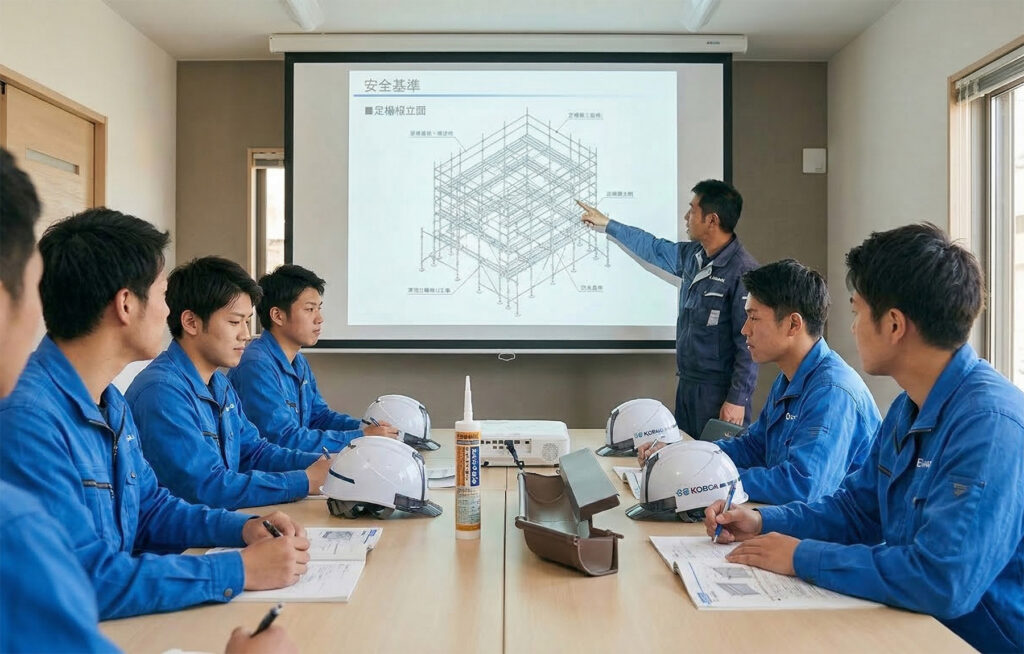 青い作業服を着た建設作業員たちが会議室で安全基準に関する研修を受けており、講師が足場構造の図を示したスクリーンを指さしている。テーブルにはヘルメットや資料が置かれている