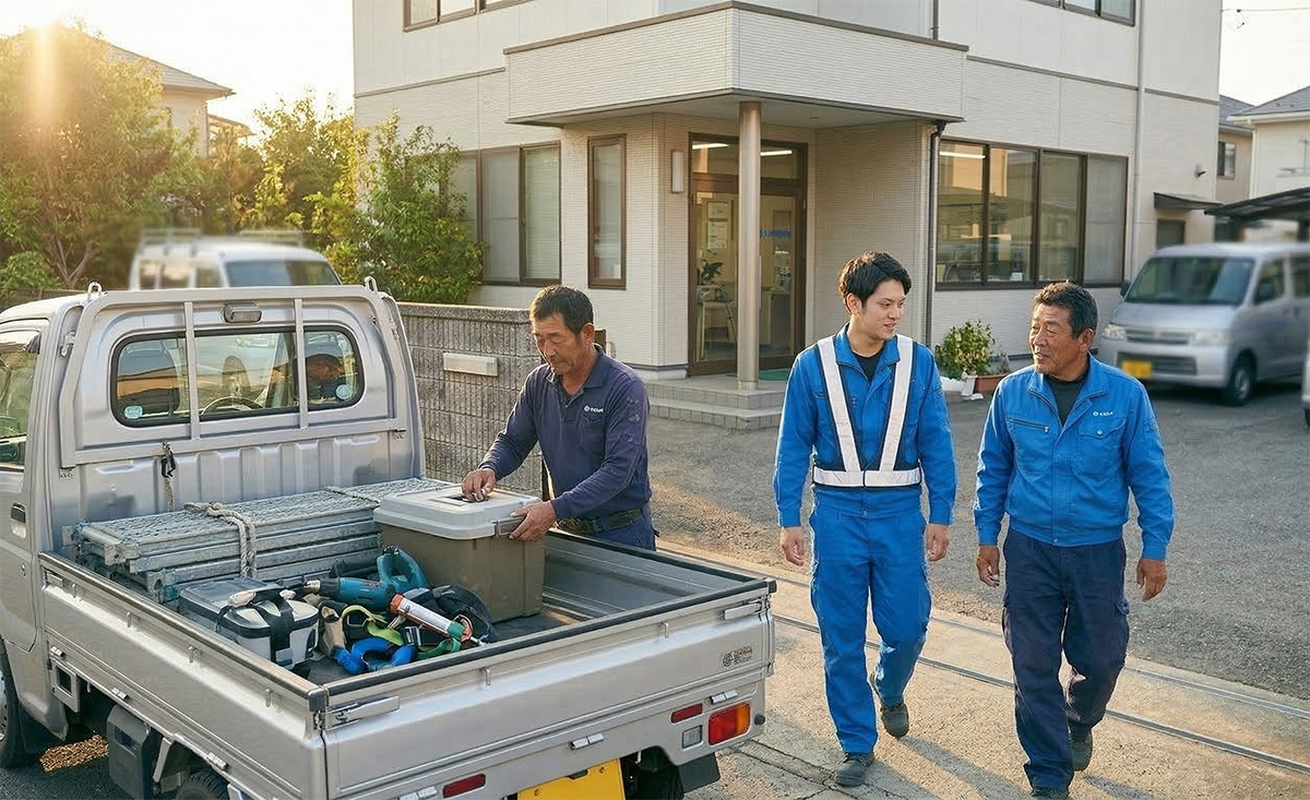 青い作業着を着た3人の作業員が、工具を積んだ軽トラックの荷台を確認しながら住宅街の駐車場に立っている