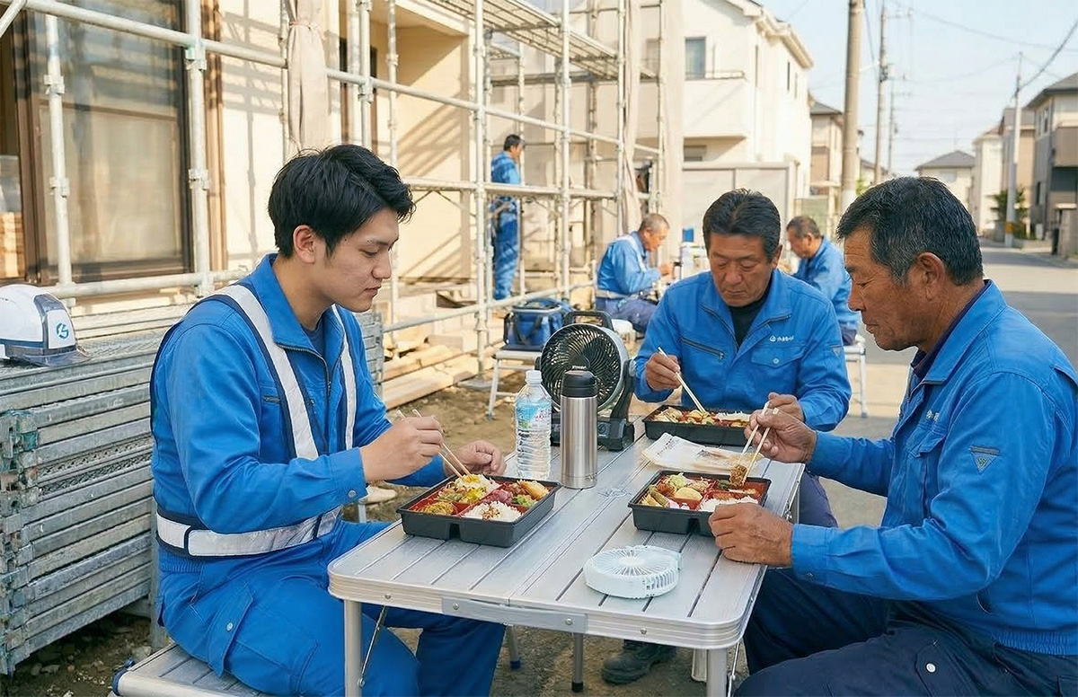 青い作業服を着た建設作業員3人が、工事現場の屋外テーブルで弁当箱を囲み昼食をとっている