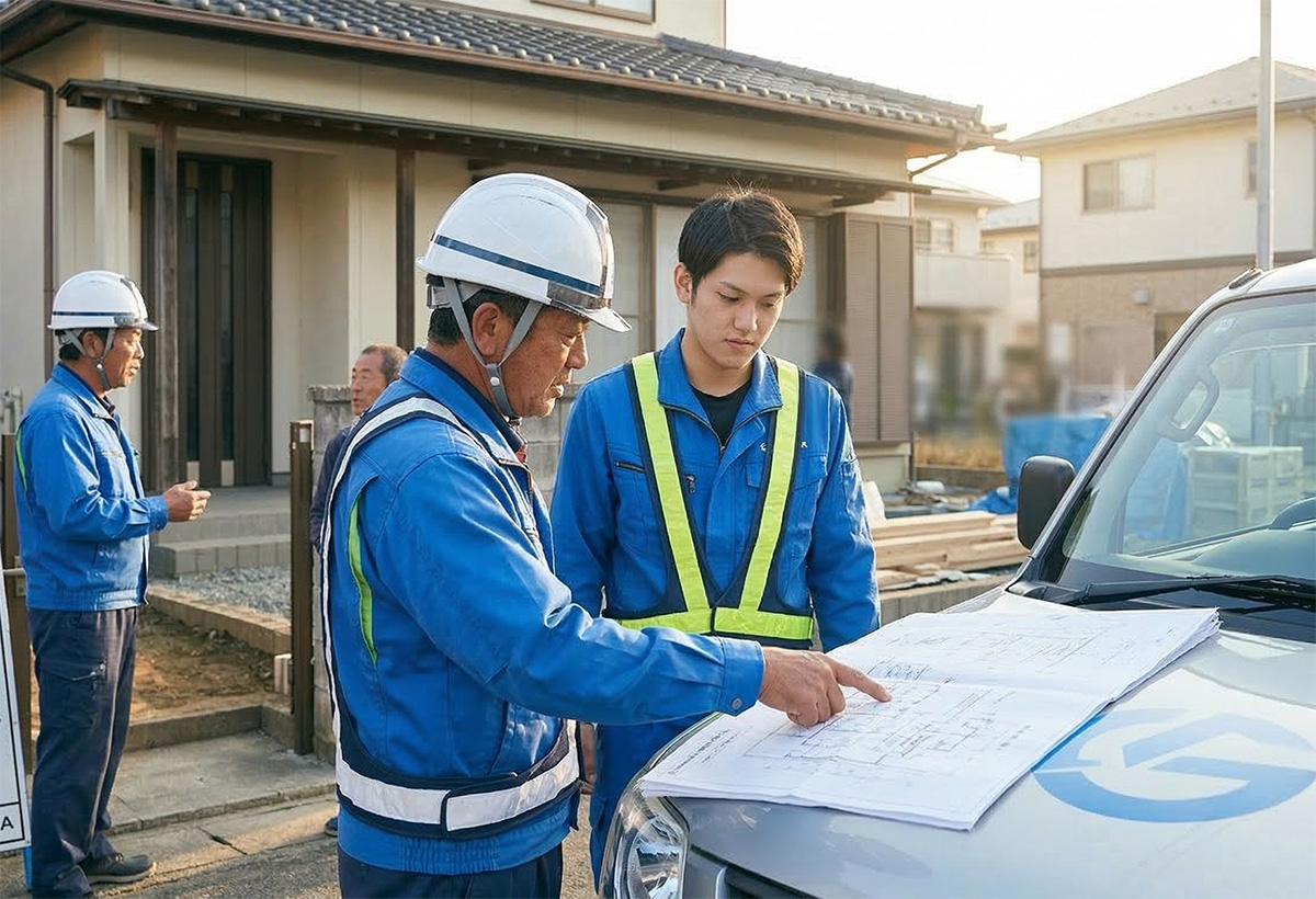 青い作業服とヘルメットを着用した現場監督と作業員が、住宅建設現場の車のボンネット上で設計図を確認している