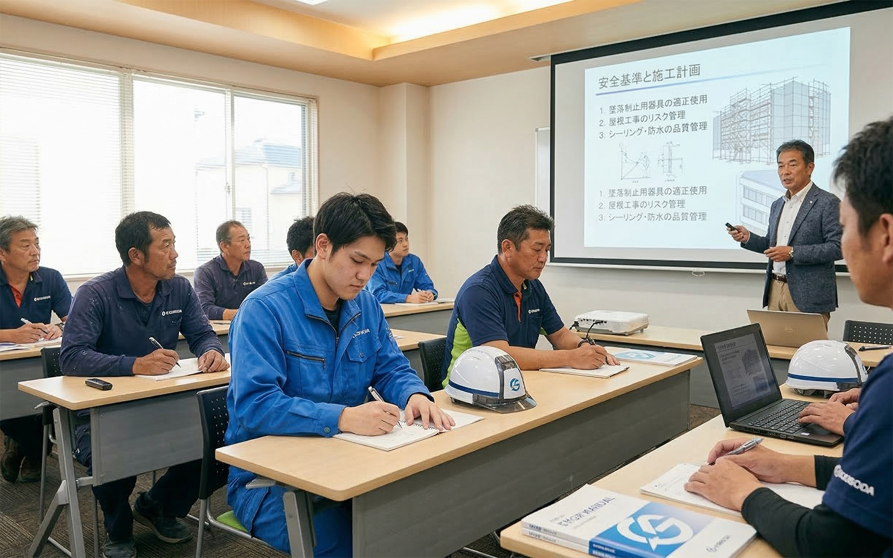 建設作業員たちが教室で安全基準と施工計画に関する研修を受けており、講師がスクリーンを使って墜落制止用器具の使用や屋根工事のリスク管理について説明している