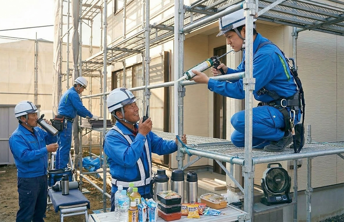 青い作業服とヘルメットを着用した4人の作業員が、住宅建設現場の足場で休憩しながら作業を行っている