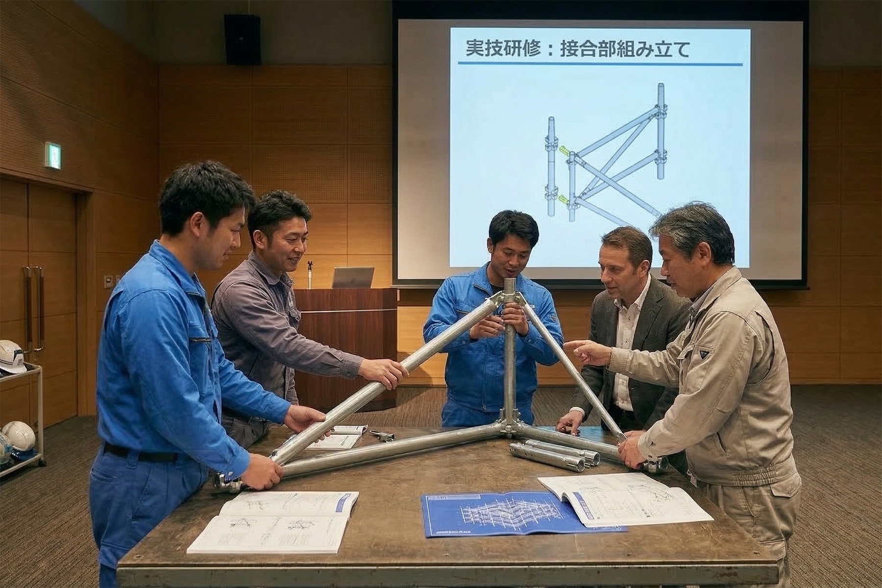研修室で5名の作業員がスチール製接合部の組み立て実技研修を行っており、背後のスクリーンには「実技研修:接合部組み立て」のスライドが映し出されている
