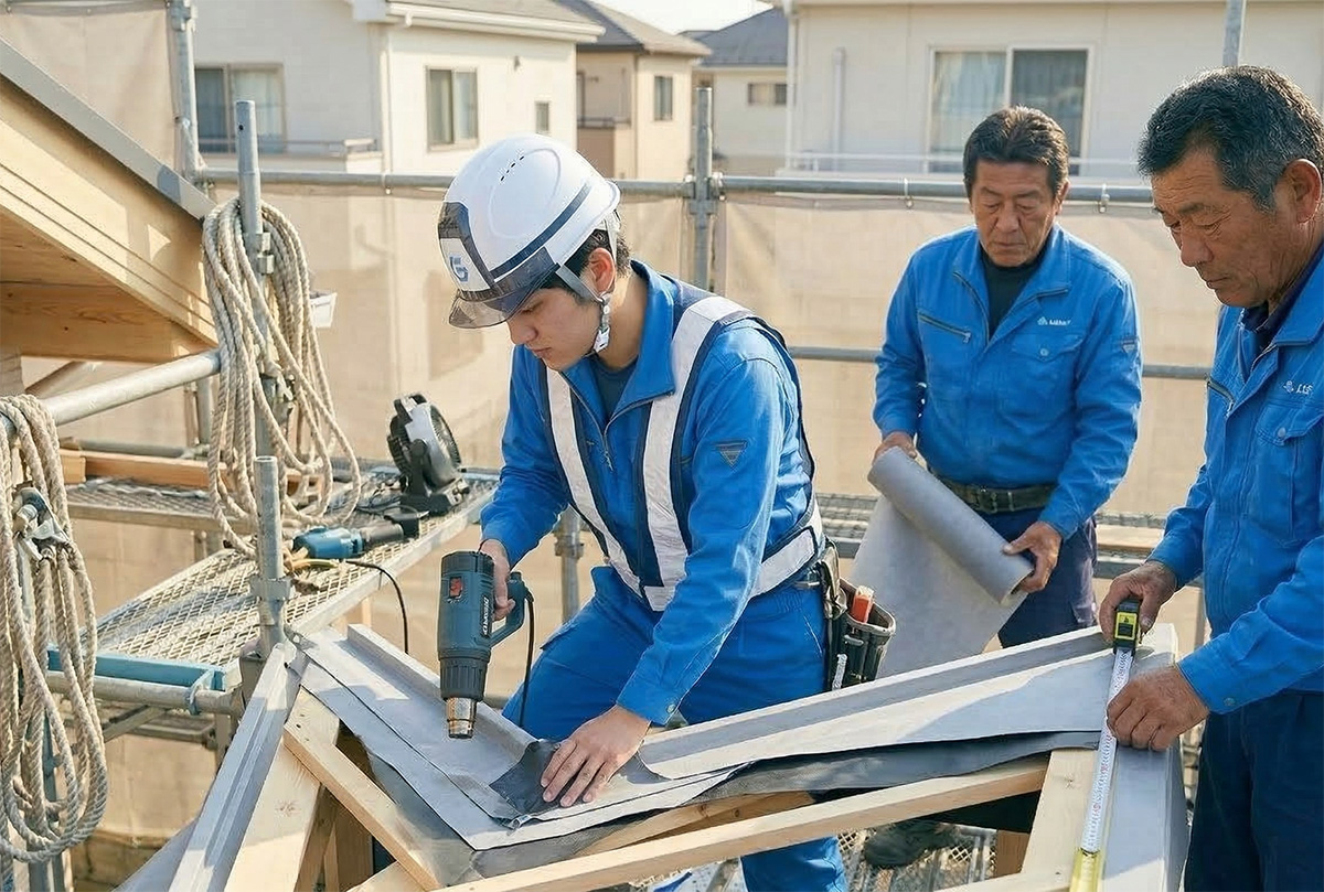 青い作業服とヘルメットを着用した3人の職人が、足場の上で金属板をヒートガンで加工・施工している