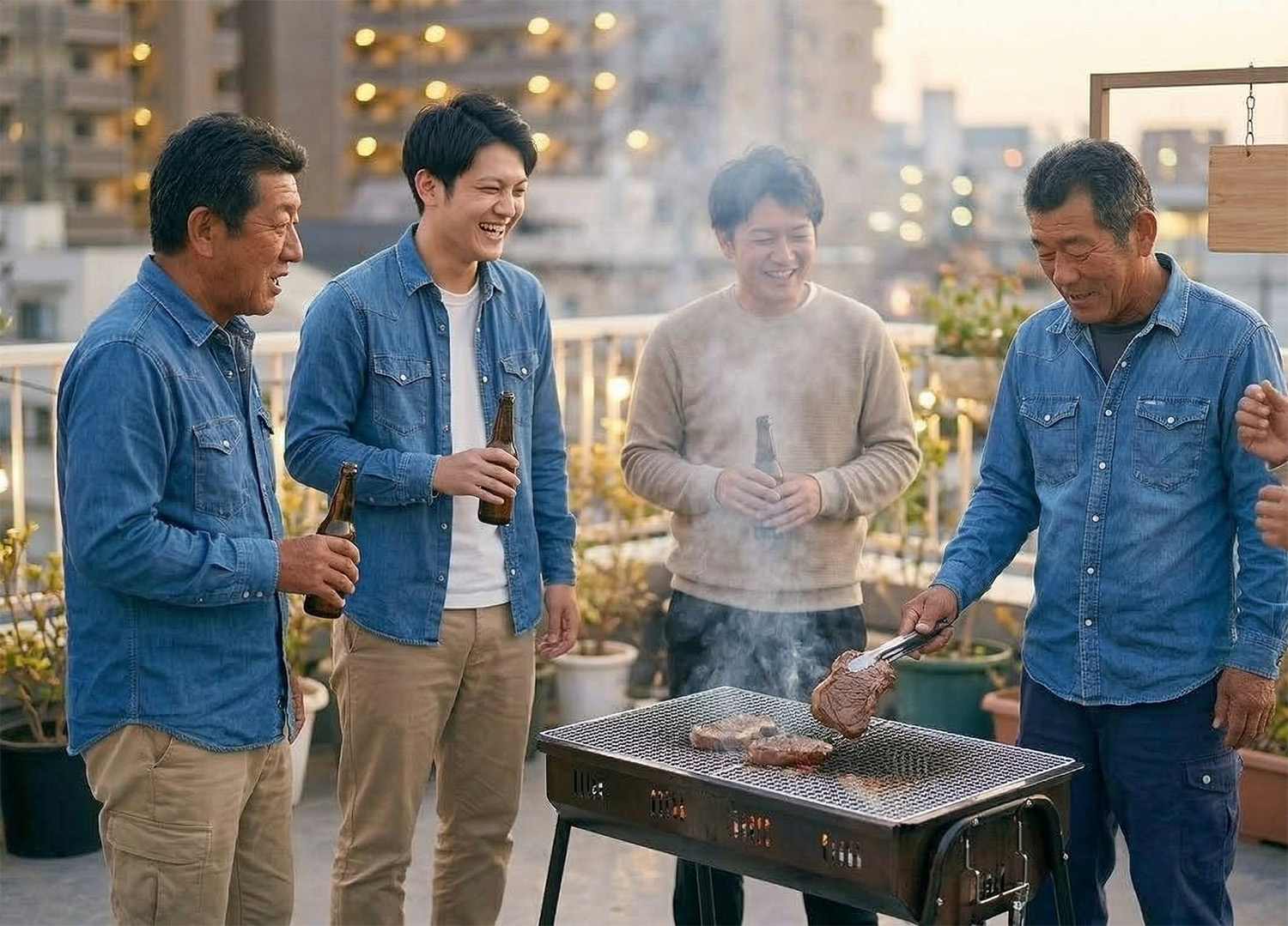 都市のルーフトップで4人の男性がビールを手に炭火グリルを囲み、肉を焼きながら談笑している