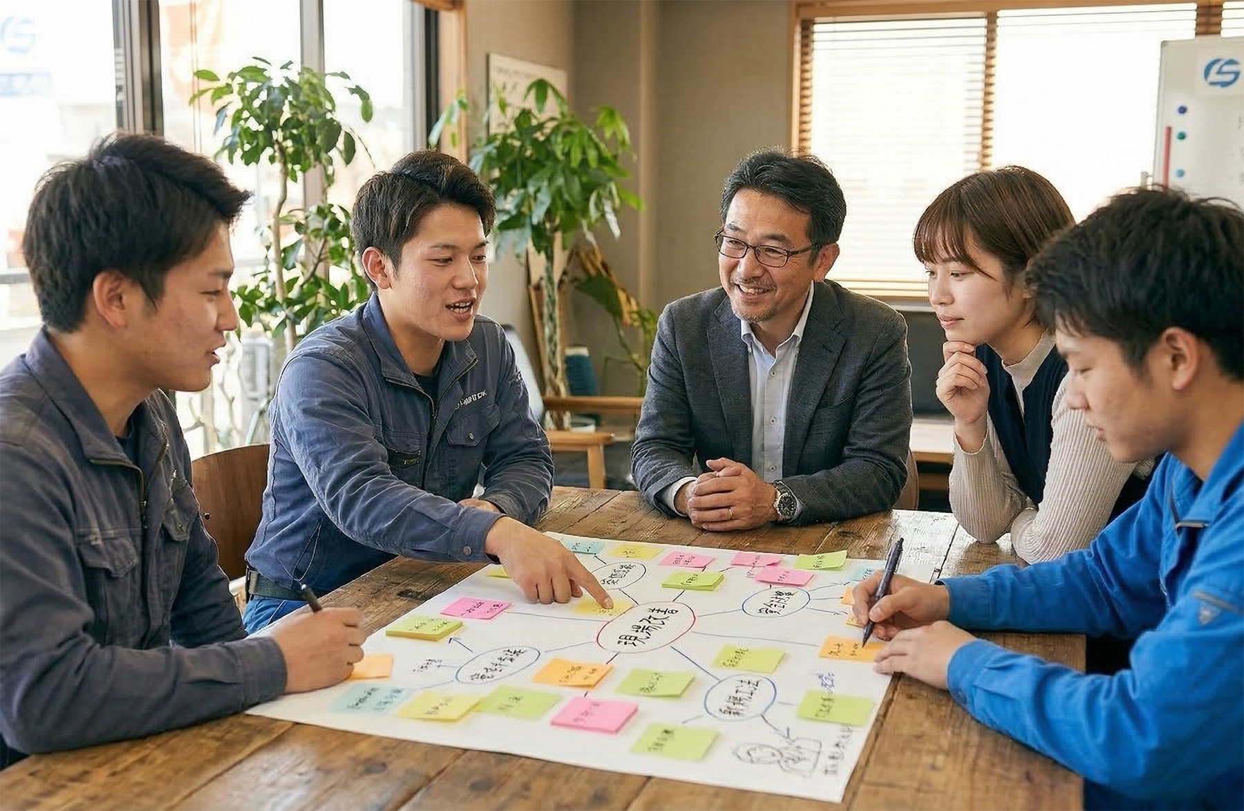 5人のチームメンバーがテーブルを囲み、付箋とマインドマップを使ってブレインストーミングを行っている